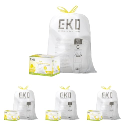 Image of EKO 21 Gallon / 50-90 Liter, Drawstring TrashBags,Extra-Strong Garbage Bags,Lemon Zest Scent-Continuous Odor Control,Easy-Dispense Roll for Kitchen & Household Use, Code G,White, 60 Count (Pack of 4)