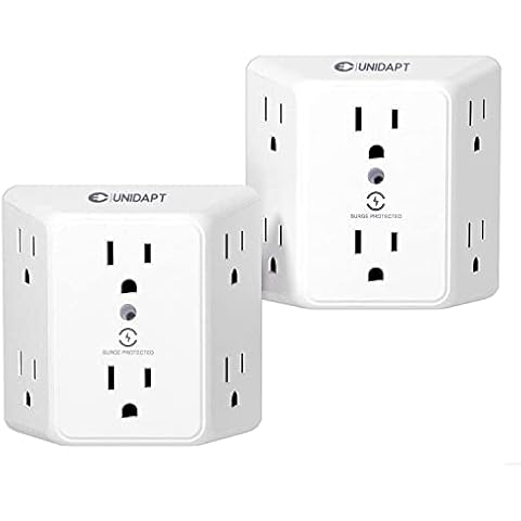 Unidapt Multi Plug 6 Outlet Extender, 2 Pack Surge Protector Wall Splitter, 1800J Power Strip 3 Side Wide Spaced Adapter Multiple Charger Expander, Mountable Wall Tap for Office Home Travel ETL Listed Cover