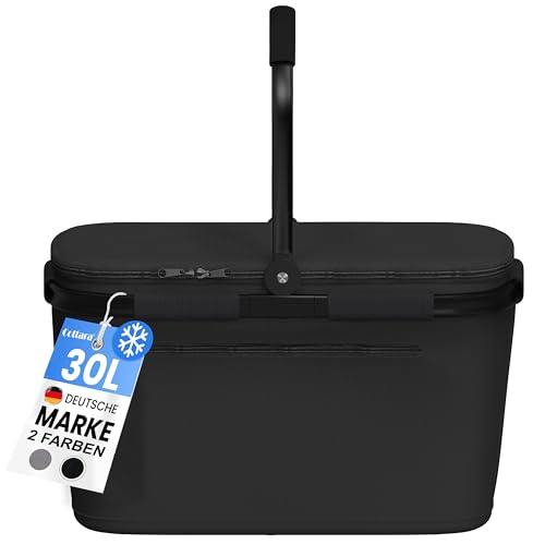 Cottara® Thermo Einkaufskorb Kühltasche groß | isolierter Einkaufskorb mit Deckel, verstärktem Boden, Frontfach mit Reißverschluss | Ideal als Kühlkorb oder Picknick Korb (Schwarz)