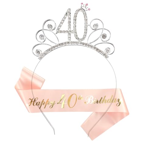 KSUKTSW 40 Aniversários coroa e fita, feliz 40 aniversário coroa tiara e faixa, 40 aniversário de mulher para a decoração da festa de aniversário