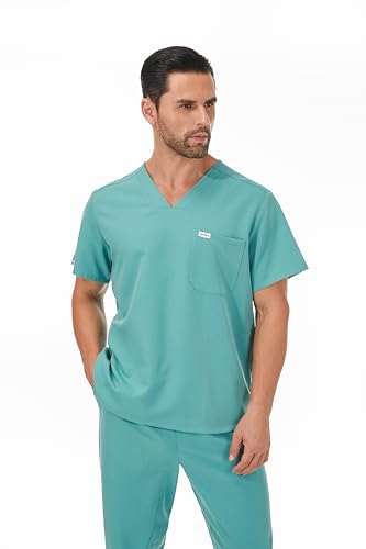 Careberry Premium Men's V-Neck Short Sleeve Scrub Top (US, Alpha, Large, Regular, Regular, Green)