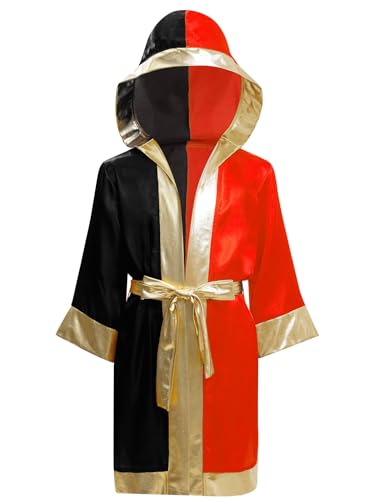 FEESHOW Kids Boys Color Block Hooded Boxing Robes Open Front Boxer Cloak with Belt Halloween Cosplay Dress Up