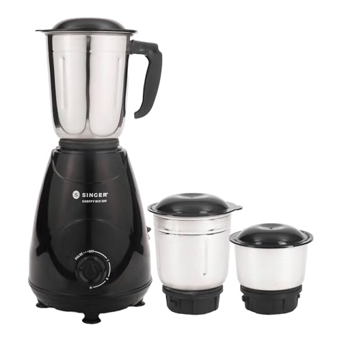 Image of SINGER Cheffy Mix Mixer Grinder | Sleek Design | 3 Stainless Steel Jars (Liquidizing Jar 1000ml, Grinding Jar 800ml, Chutney Jar 300ml) | 3-Speed Control with Incher | 500W | 2-Years Warranty