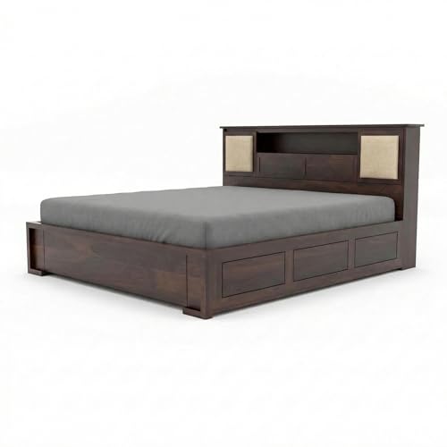 Image of Solid Sheesham Wood Bed with Storage | Wooden Cot with Box Storage & Upholstered Headboard | Strong Durable Frame | Modern Luxury Bed for Bedroom Home & Hotel (Walnut Finish, Queen)