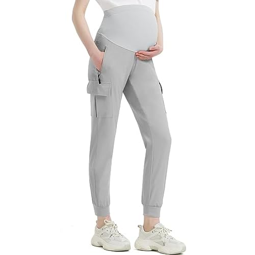 EXARUS Maternity Cargo Pants Over The Belly Joggers Scrub Pants Sweatpants Quick Dry Hiking Pants with Zipper Pockets XX-Large Light Grey
