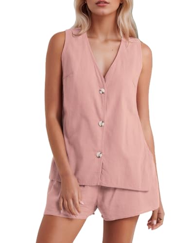 Kedera Women's Summer 2 Piece Outfits Sleeveless Matching Sets Button Down V Neck Vest Waistcoat and Pockets Shorts