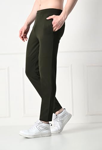 Image of Men's Dobby Lycra Solid Gym, Yoga & Sports Wear Stretchable Dri Fit Track Pant with Zipper Pockets(Olive,M)