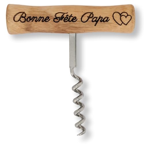 Tire-bouchon Personnalisé en Bois avec Gravure Laser | Manche en Bois Ergonomique & Embout Métal Solide | idéal pour Fête des Pères, Mariage, Baptême,...
