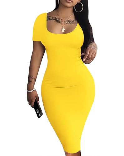 Image of Nimsruc Womens Summer Casual Sexy Short Sleeve Bodycon Dress Basic Pencil Midi Club Dresses