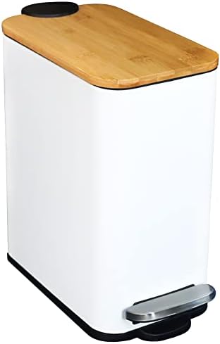 SIDIANBAN Bathroom Trash Can with Bamboo Lid Soft Close and Foot Pedal, Small Rectangular Slim Garbage Can with Inner Wastebasket for Bedroom, Office, Kitchen, 1.3Gal/5L, White