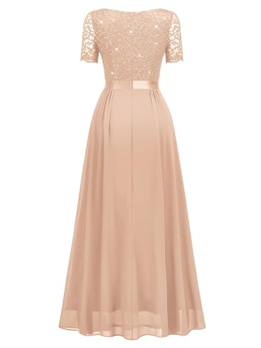 Miusol Women's Classy V-Neck Ruffle Floral Lace Hem Trim Sequined Maxi Bridesmaid Dress4