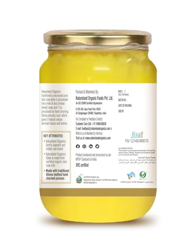 Image of NATURELAND ORGANICS A2 Desi Cow Ghee 500 ml | Traditional Bilona Method (Pack of 3)