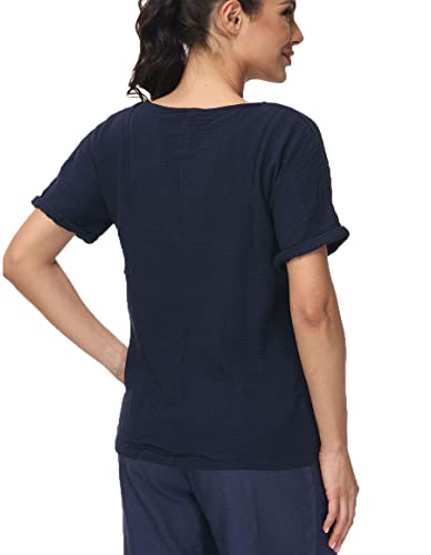 Soojun Women's Cotton Linen Round Collar Boxy Top Patchwork Blouses Navy, Large #TOP3