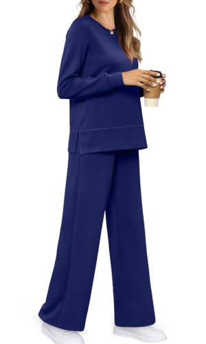 Image of WIHOLL Women's 2 Piece Lounge Sets Sweatshirt Casual Travel Outfits Fashion Wide Leg Tracksuit Cozy Sweatsuits