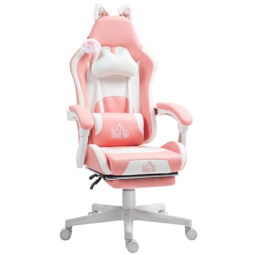 HOMCOM Sedia Gaming Ergonomica con Orecchie da Gatto Reclinabile Rosa | Poltrona Gaming Ufficio, Finta Pelle, Poggiapiedi, Poggiatesta, Altezza Regolabile, Supporto Lombare e Cervicale