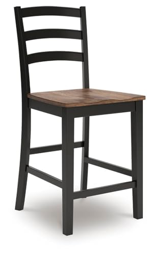 Image of Signature Design by Ashley Counter Height Barstool, Set of 2, Brown /Black | Solid wood frame with contoured butcher block veneer seat, Farmhouse style for kitchen islands, Wildenauer Series