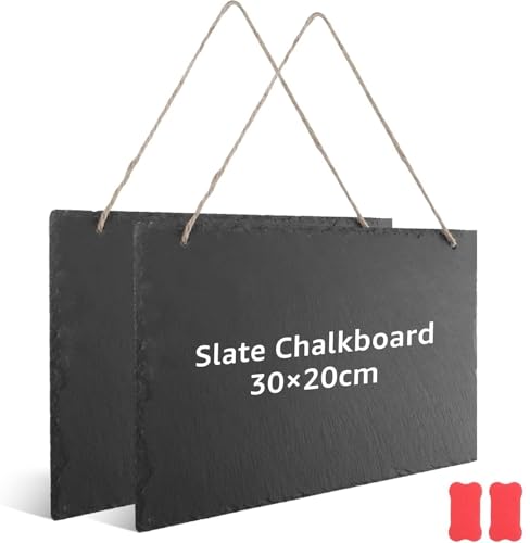 ZOFUN 2 Stück Kleine Schiefertafel zum Beschriften & Aufhängen 30x20CM Wetterbeständige Memoboard Blackboard Küchentafel Wand Notiztafel mit chwamm