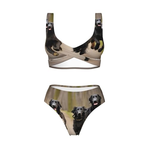 Chic Trotting Flat Coated Retrievers Paw Print Cross Strap V Neck Bikini Set for Women,Trendy Beachwear Swimwear4