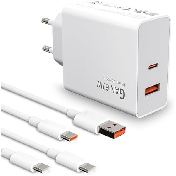 2-portowe 67W ładowarka USB C z 2 kablami typu C do Xiaomi 15 14 Ultra/14/14T/13T/13 Lite, Redmi Note 15 14 13 12 11 10 Pro 5G, Poco F7 X7 X6 M6 X5 Pro Szybkie ładowanie ładowarki do telefonów