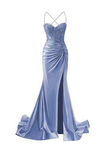 Clothfun Mermaid Spaghetti Strap Prom Dresses for Women Satin Lace Applique Ruched Evening Party Gown with Slit CY150