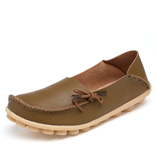 Image of MACHSWON Womens Leather Moccasins Casual Soft Loafer Flat Boat Shoes Slip On Driving Shoes(Khaki, Size 6)