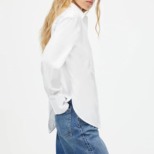 Womens White Tuxedo Button Down Shirt Pleated Bib Tops Long Sleeve Casual Blouse2