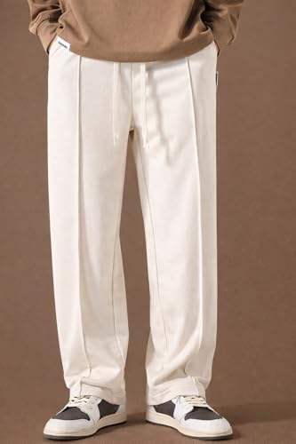 Image of CREVIO Men's Loose Fit Wide Leg Trousers with Elastic Waist & Drawstring - Casual Baggy Straight Pants for Men, Soft Comfortable Lounge Travel Street Style Trousers