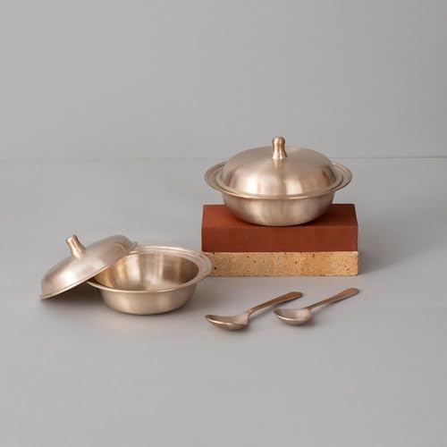 Image of Indian Dining Collection Bronze Dinner Set for Traditional Meals | Handcrafted Kansa Thali Set with Bowls, Glass (Serving Bowls | Matte (Set of 2))