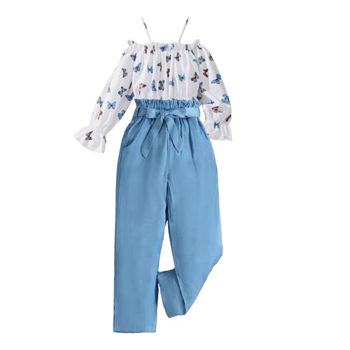 Image of Girls' 2 piece outfit Butterfly Off-shoulder spaghetti Trim Top and Pants set 7-13 Years