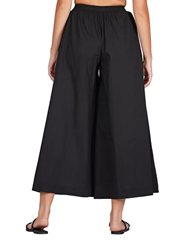 Image of fabcoast Loose Fit Palazzo Pants for Women A-Line Flared Wide Leg Summer Ethnic wear Pure Cotton Cambric with Full Elastic Waistband and 2 Side Pockets