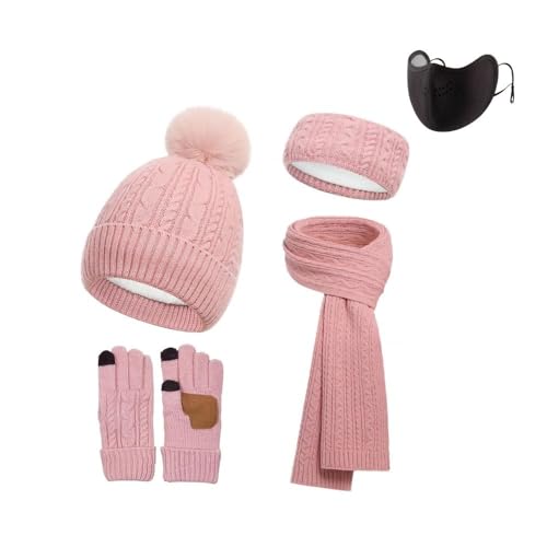 Image of 6 Pieces Womens Winter Beanie hat Scarf Gloves Headband Set &Mask Fleece Lined Knit Beanie Touchscreen Cold Weather (Pink)