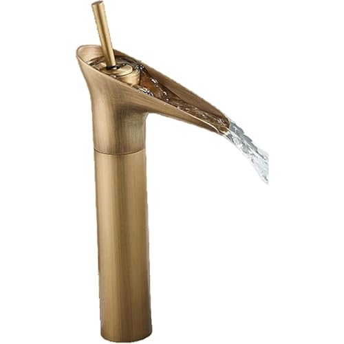 Vilom 滝洗面台用水栓 蛇口 アンティーク調 キッチン・洗面台対応 真鍮製 シングルレバー混合水栓 ワンホール G1/2ホース付 レトロデザイン 取り付け簡単 高耐久 (M,ゴールデン)