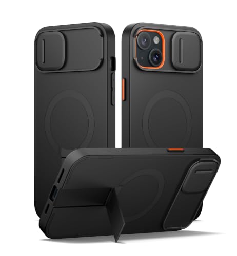 Image of SURITCH for iPhone 14 Plus /15 Plus Case with Magnetic Camera Slide Cover and Adjustable Kickstand, Compatible with MagSafe, Shockproof Bumper Case Slim Protective Cover 6.7 Inch, Black