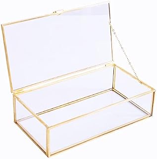 Golden Glass Jewelry Keepsake Box Home Decor Display Vintage Glass Jewelry Organizer, Decorative Accent, Brass & Clear Glass, 8x4.5x2.36 in
