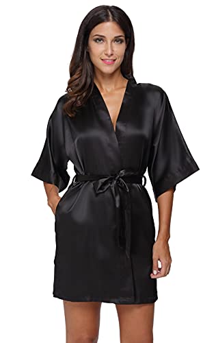 The Bund Women s Pure Colour Short Kimono Robes with Oblique V-Neck, Medium, Black