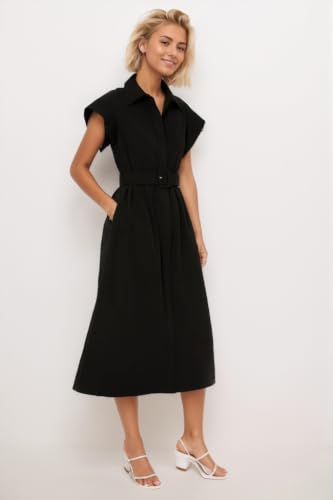 Image of Ladyful Women Casual Button Down Shirt Dress Short Wing Sleeve Buiness Midi Shirt Dress with Belt Elegant Dress