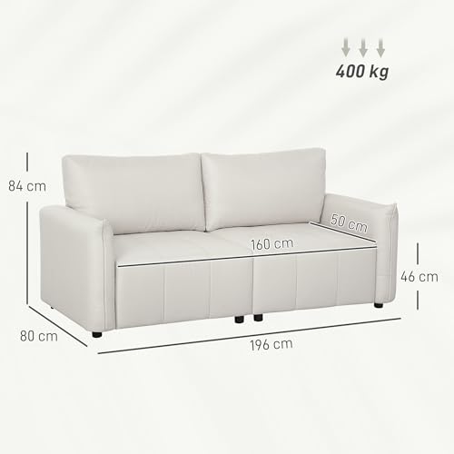 HOMCOM Canapé 3 Places Moderne 196 cm en Tissu Aspect Lin, Dossier et accoudoirs rembourrés, avec 2 Coussins, canapé de Salon, pour Chambre ou Bureau à Domicile, Pieds en Acier, crème – Image 4
