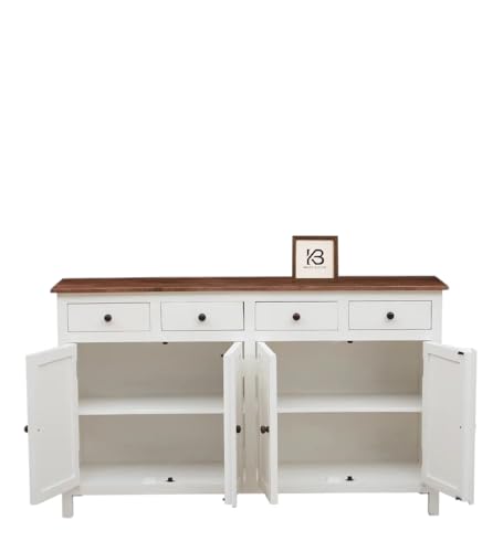 Image of Solid Wood Madrid (L) Sideboard for Living Room | Kitchen Storage Cabinet | Crockery Storage Unit | Storage Cabinet (Finish- Natural and Premium Pearl White Distressed Edge)