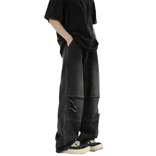 Men's Jeans Pleated Vintage Denim Loose Fit Straight Leg Summer Pants