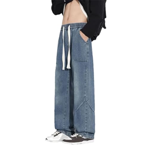 Men’S Casual Drawstring Jeans Spring Autumn Straight Denim Pant Male Loose Full-Length Trousers