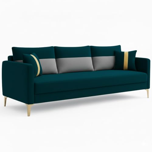 Image of FURNY Cassol 3 Seater Fabric Sofa Set (Light Grey-Greenish Teal) Premium Velvet Finish | Durable Comfort | Ideal for Living Room