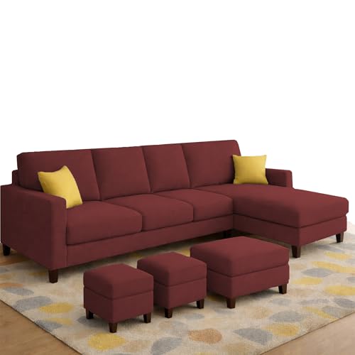 Image of Casaliving Rolando Seater L Shape Sofa Set for Living Room Right Side (Maroon, 6 Seater with Ottomon - RHS)