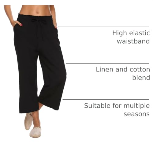 Image of LNX Womens Linen Capri Pants Wide Leg High Waisted Drawstring Casual Cropped Pants with Pockets