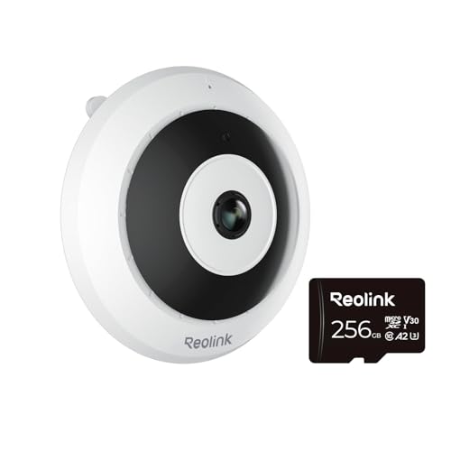 REOLINK Indoor Fisheye Camera FE-W Bundle with 1 pcs 256GB SD Card, 2K+ 6MP 360° Panorama, 2.4/5GHz WiFi Security Camera, Person Motion Detection, 2-Way Audio, Multiple Panoramic Display Vie