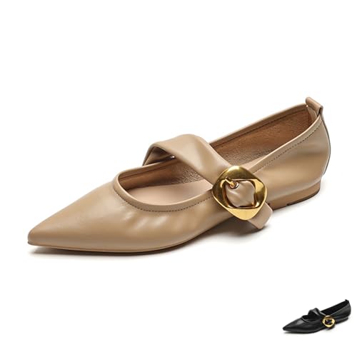 Zeberfi Women's Leather Mary Jane Flat Shoes with Adjust Metal Buckle Fashion Closed Pointed Toe Shallow Mouth Slip On Comfortable Luxury Business Wedding Dress Shoes - Main Image