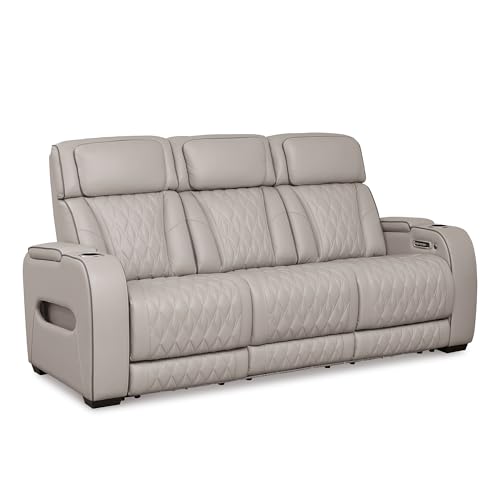 Signature Design by Ashley Boyington Contemporary Leather Match Power Reclining Sofa with USB Charging Ports, LED Lights and Adjustable Headrest, Light Gray