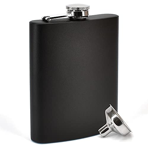 Clear Water Home Goods - 8 oz Powder Coated Stainless Steel Hip Flask w/Funnel - Wedding Party - Groomsman - Bridesmaid (Matte Black, 1)