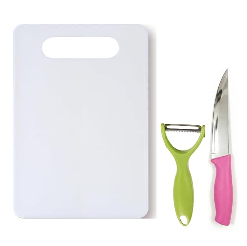 Image of Freshome Plastic Extra Large (39 x 26 cm) Chopping Cutting Board for Kitchen (3 PC Set) Vegetables, Fruits & Cheese, with Knife and Vegetable Peeler BPA Free, Assorted Colours, (Extra Large)