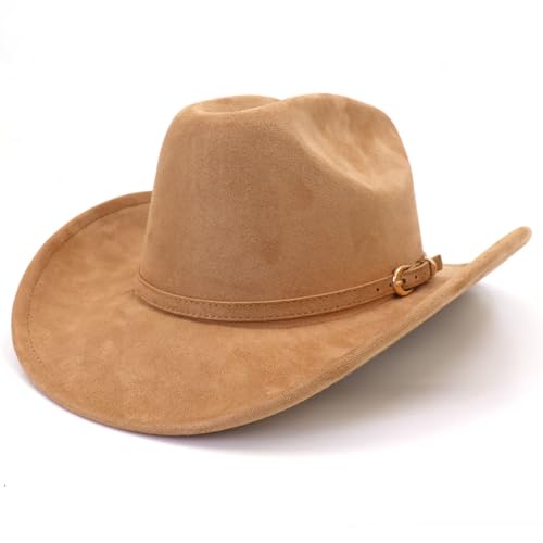 Image of Cowboy Hat Cowgirl Hat Men's & Women's Wide Brim Felt Fedora Hat with Buckle Belt Western Cowboy Hat for Women