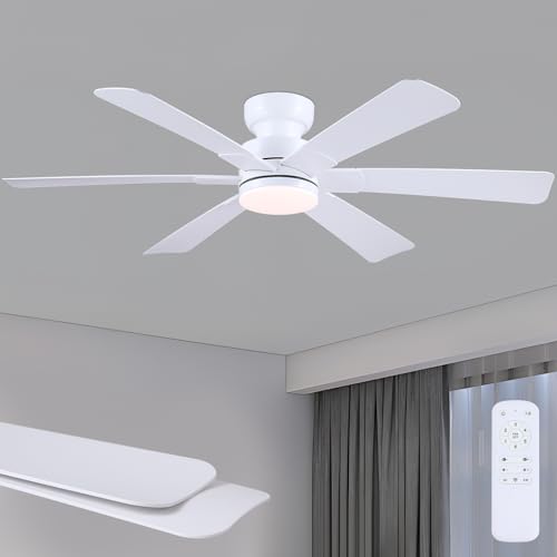 Image of 52 inch Low Profile Ceiling Fans with Lights and Remote, White Indoor Ceiling Fan Light with Quiet Reversible DC Motor,Modern Flush Mount Ceiling Fans with Dimmable LED for Bedroom Kitchen